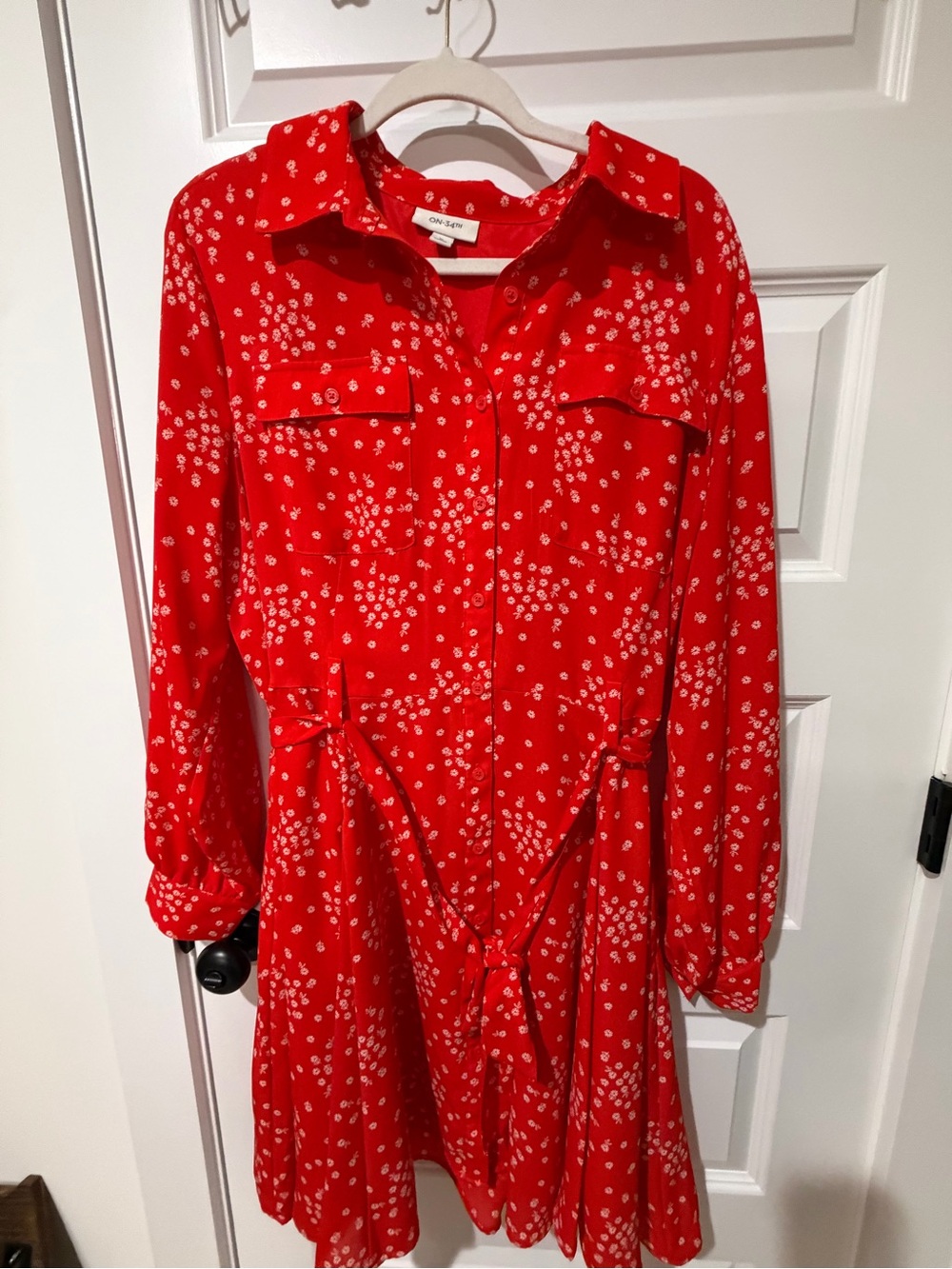Red Floral Long-Sleeve Tie-Waist Shirt Dress